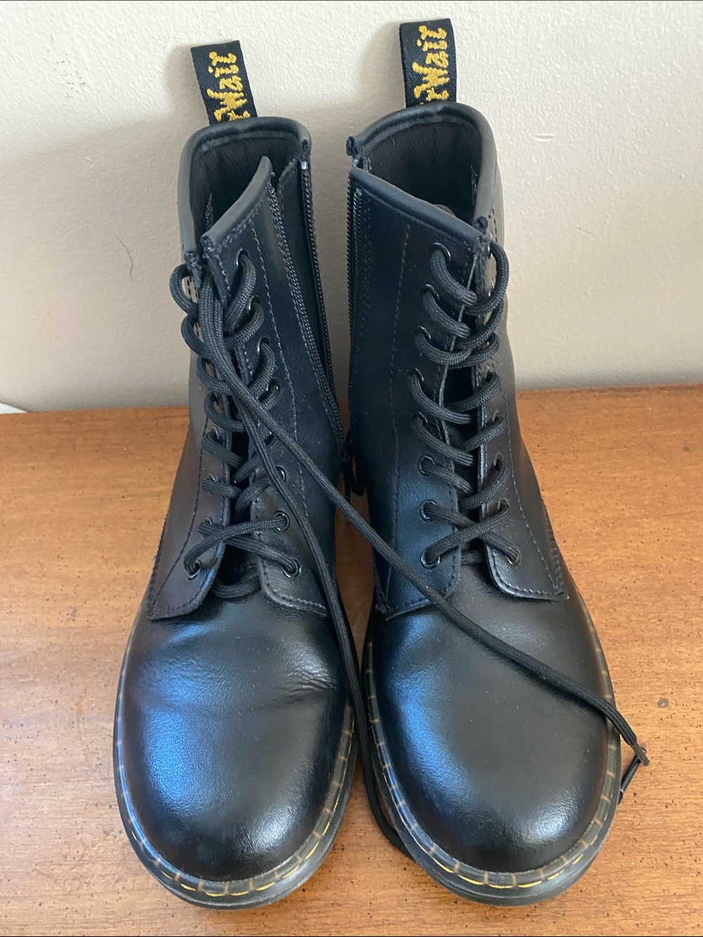 Dr. Martens Kids Black Leather Lace-Up Boots with Yellow Stitching